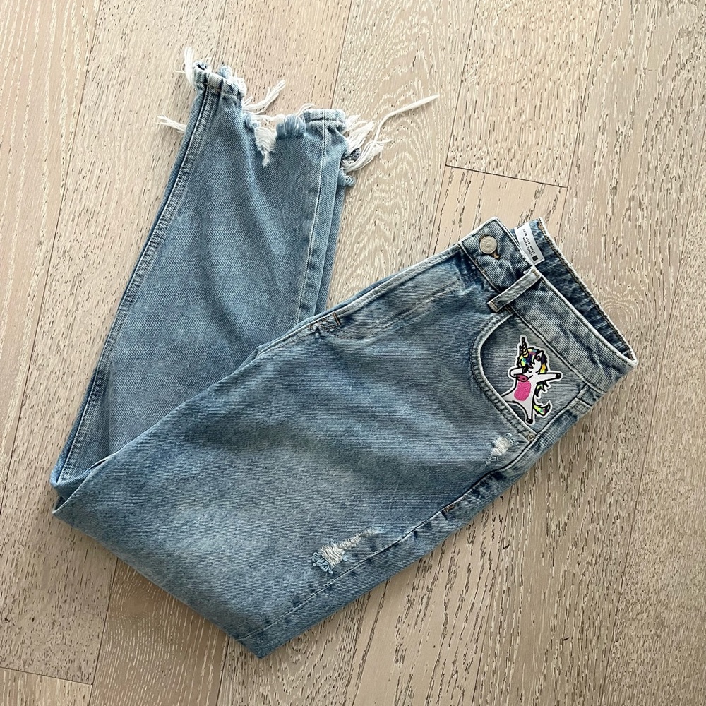 Upcycled β¨ Zara | High Rise Distressed Boyfriend Jeans w/ Patches | 6 - Picture 1 of 7
